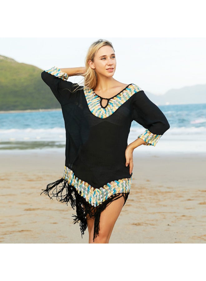 European And American Large Size Crochet Flower Tassel Air-conditioning Shirt Beach Sunscreen Blouse Shirt Sweet Style Women's Swimsuit-Color:Navy Blue-  - Image 3