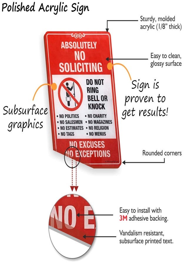 SmartSign “Absolutely No Soliciting, No Excuses, No Exceptions Do Not Ring Bell Or Knock” Sign | 6" x 9" Acrylic for Home/House, Front Door, Business - Image 4