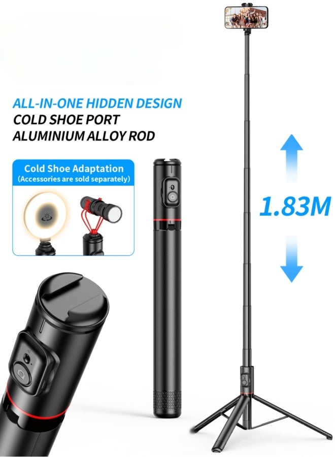 Topleo All-in-One Hidden Design Multi-Functional Stable Tripod Selfie Stick  1.83m（72.05inch）with Rechargeable Bluetooth Remote, Compatible with iPhone and Android Smartphones, Perfect for Travel, Vlog, Video and Photo - Image 1