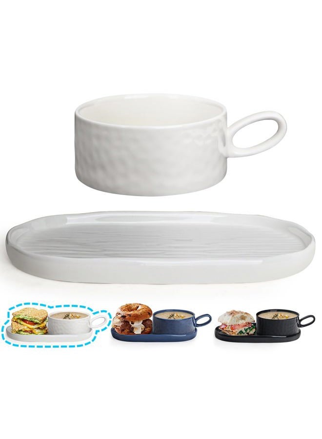 Wareland Ceramic Soup and Sandwich Plate Combo, 16 oz Soup Bowls/Mugs/Cups with Handles & 9.85-inch Oval Bread Plates, Soup and er/Side Bowls Set for Breakfast, Microwave Oven Safe, Cream White - Image 1