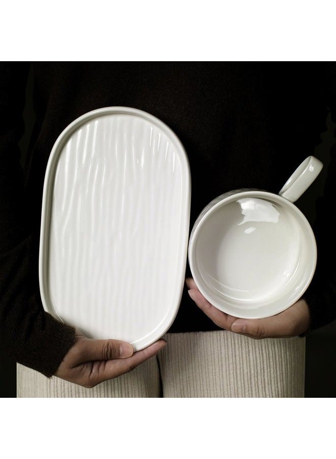 Wareland Ceramic Soup and Sandwich Plate Combo, 16 oz Soup Bowls/Mugs/Cups with Handles & 9.85-inch Oval Bread Plates, Soup and er/Side Bowls Set for Breakfast, Microwave Oven Safe, Cream White - Image 5