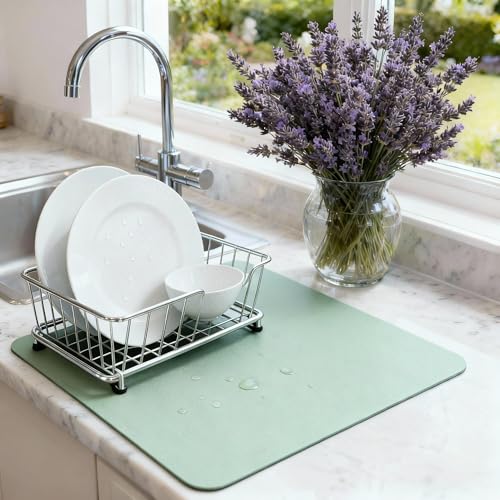 STRABELLA Dish Drying Mat Super Absorbent 16 x 18 Coffee Mat for Countertops NonSlip Drying Mat for Kitchen Counter Easy to Clean Water Absorbent Mat Quick Dry Dish Mats Sage - Image 1