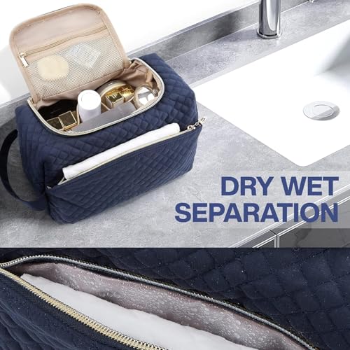 Lyrovo Makeup Pouch Bag for Women & Men – Quilted Travel Toiletry Organizer, Large Capacity Cosmetic Bag & Shaving Kit Pouch with Handle – Waterproof Travel Pouch (Navy Blue) - Image 5