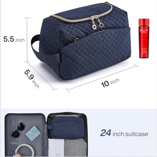 Lyrovo Makeup Pouch Bag for Women & Men – Quilted Travel Toiletry Organizer, Large Capacity Cosmetic Bag & Shaving Kit Pouch with Handle – Waterproof Travel Pouch (Navy Blue) - Image 3
