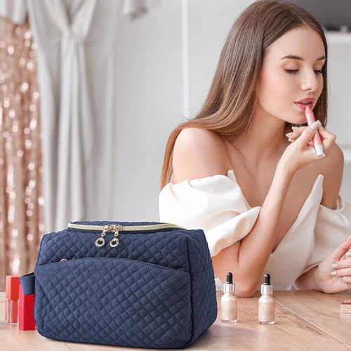 Lyrovo Makeup Pouch Bag for Women & Men – Quilted Travel Toiletry Organizer, Large Capacity Cosmetic Bag & Shaving Kit Pouch with Handle – Waterproof Travel Pouch (Navy Blue) - Image 2