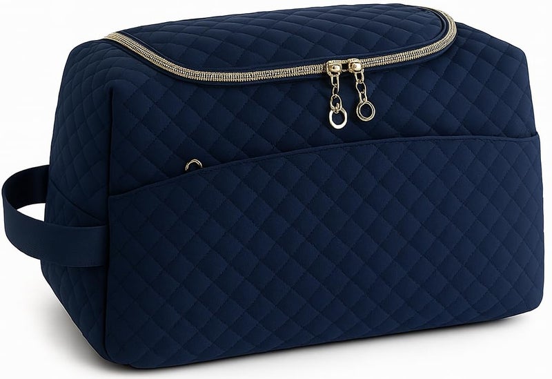 Lyrovo Makeup Pouch Bag for Women & Men – Quilted Travel Toiletry Organizer, Large Capacity Cosmetic Bag & Shaving Kit Pouch with Handle – Waterproof Travel Pouch (Navy Blue) - Image 1
