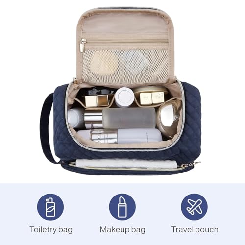 Lyrovo Makeup Pouch Bag for Women & Men – Quilted Travel Toiletry Organizer, Large Capacity Cosmetic Bag & Shaving Kit Pouch with Handle – Waterproof Travel Pouch (Navy Blue) - Image 4