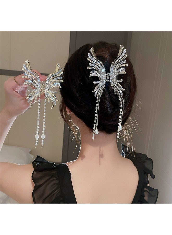Kriccio Hair Claw Clip2Pcs Butterfly Rhinestone Pearl Hair Clamps Chinese Style Hanfu Hair Accessories Shark Clips For Women - Image 1