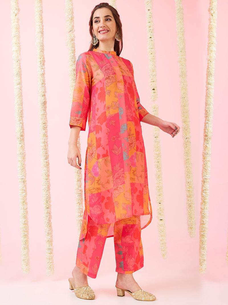 globus Globus Women Floral Print Mandarin Collar High-Low Hem Straight Kurta & Pants Fusion Set  - Image 1