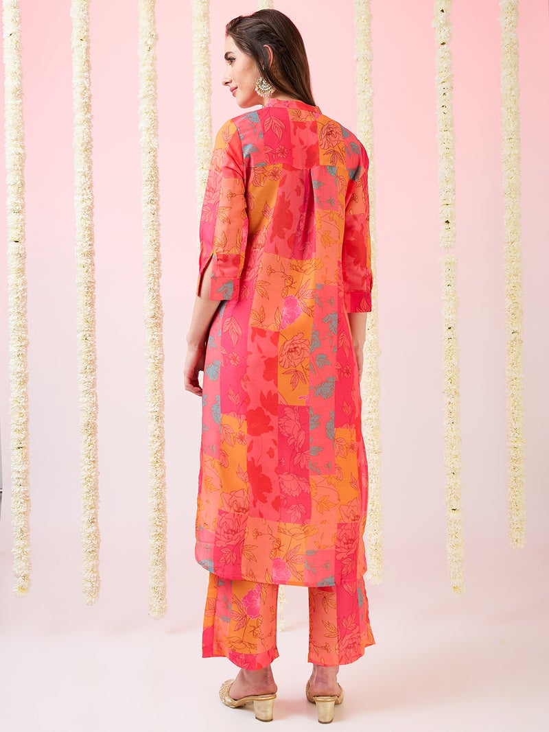 globus Globus Women Floral Print Mandarin Collar High-Low Hem Straight Kurta & Pants Fusion Set  - Image 3