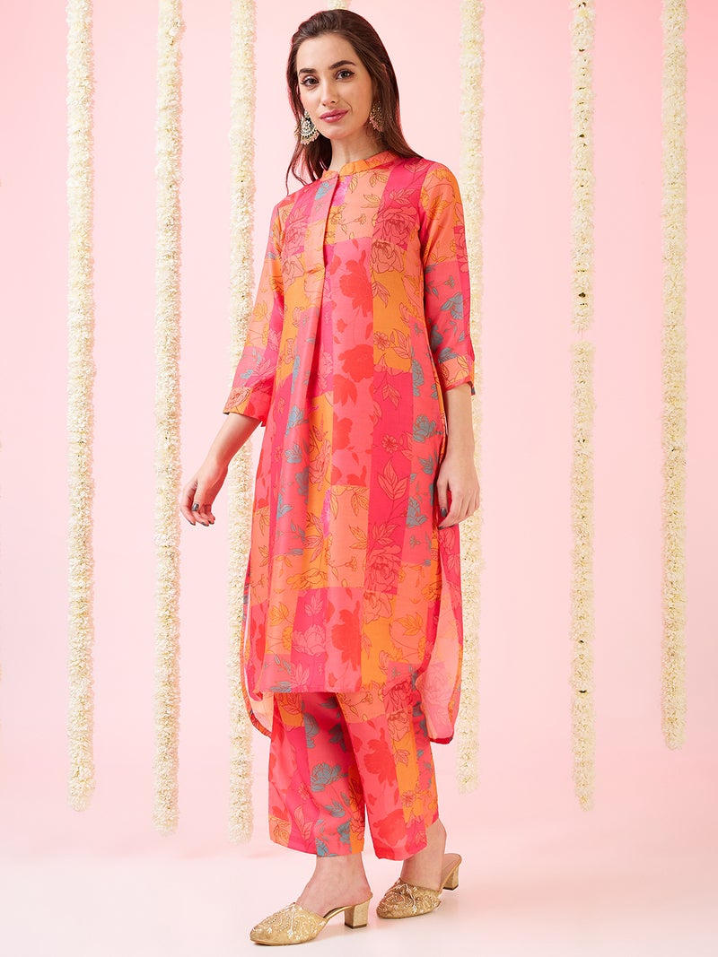 globus Globus Women Floral Print Mandarin Collar High-Low Hem Straight Kurta & Pants Fusion Set  - Image 2