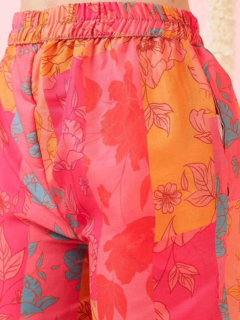 globus Globus Women Floral Print Mandarin Collar High-Low Hem Straight Kurta & Pants Fusion Set  - Image 5