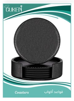 Cuken Coasters for Drinks 6 Pieces PU Leather Coaster with Holder, Coffee Cup Mat, Coffee Mug Mat, 10cm Anti Slip Heat Insulation Drink Coaster Protect Table from Stains, Water Rings and Damage, Home Décor and Housewarming Gift  - Image 1