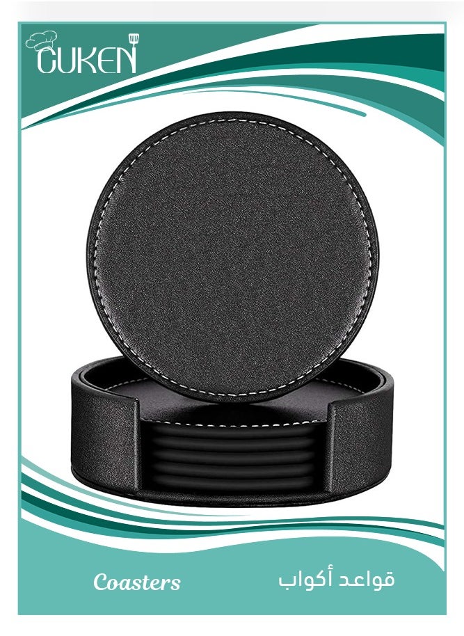 Cuken - Coasters for Drinks 6 Pieces PU Leather Coaster with Holder, Coffee Cup Mat, Coffee Mug Mat, 10cm Anti Slip Heat Insulation Drink Coaster Protect Table from Stains, Water Rings and Damage, Home Décor and Housewarming Gift - Image 1