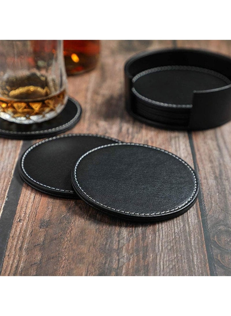 Cuken - Coasters for Drinks 6 Pieces PU Leather Coaster with Holder, Coffee Cup Mat, Coffee Mug Mat, 10cm Anti Slip Heat Insulation Drink Coaster Protect Table from Stains, Water Rings and Damage, Home Décor and Housewarming Gift - Image 1