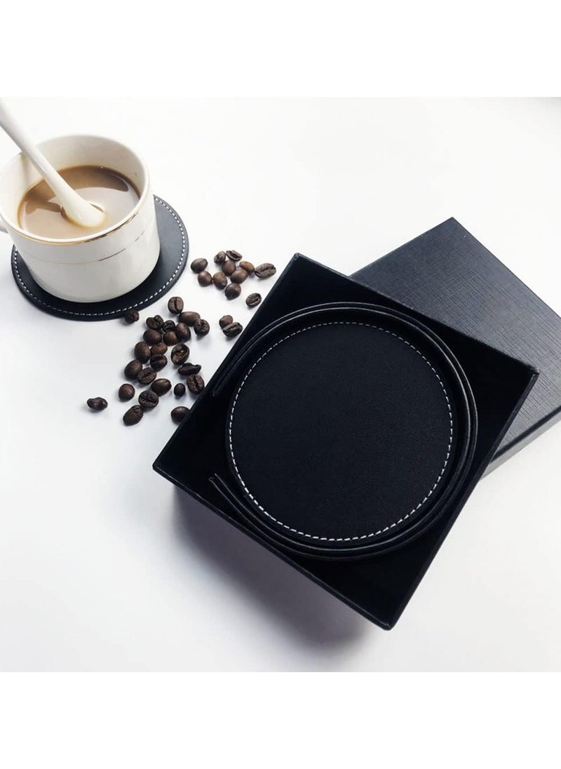 Cuken - Coasters for Drinks 6 Pieces PU Leather Coaster with Holder, Coffee Cup Mat, Coffee Mug Mat, 10cm Anti Slip Heat Insulation Drink Coaster Protect Table from Stains, Water Rings and Damage, Home Décor and Housewarming Gift - Image 1