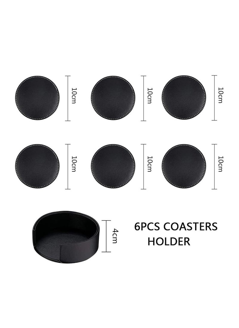 Cuken - Coasters for Drinks 6 Pieces PU Leather Coaster with Holder, Coffee Cup Mat, Coffee Mug Mat, 10cm Anti Slip Heat Insulation Drink Coaster Protect Table from Stains, Water Rings and Damage, Home Décor and Housewarming Gift - Image 1