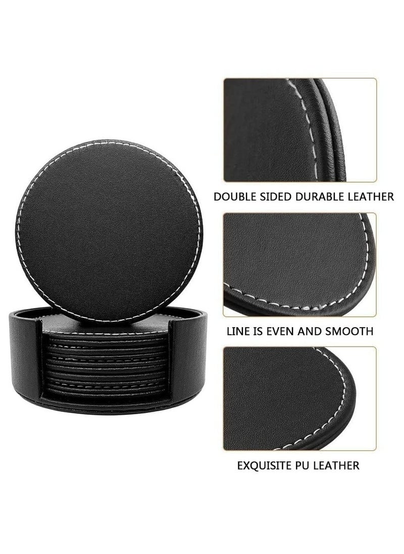 Cuken - Coasters for Drinks 6 Pieces PU Leather Coaster with Holder, Coffee Cup Mat, Coffee Mug Mat, 10cm Anti Slip Heat Insulation Drink Coaster Protect Table from Stains, Water Rings and Damage, Home Décor and Housewarming Gift - Image 1
