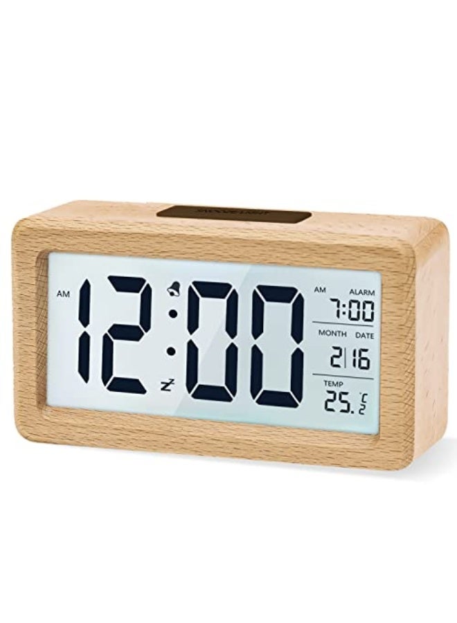 aboveClock Digital Alarm Clock, Wooden Bedside Clock with Large LCD Backlit Display, Temperature, Snooze Function, Brightness Sensor, 3 AAA Battery Operated【Battery NOT Included】 - Image 1