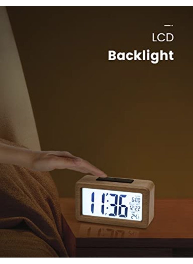 aboveClock Digital Alarm Clock, Wooden Bedside Clock with Large LCD Backlit Display, Temperature, Snooze Function, Brightness Sensor, 3 AAA Battery Operated【Battery NOT Included】 - Image 5