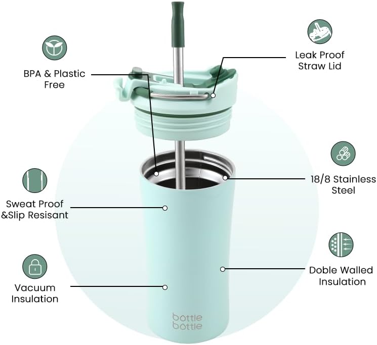 bottle bottle كوب قهوة معزول من BOTTLE BOTTLE مع غطاء مزدوج الاستخدام وقشة - 12 أونصة من الفولاذ المقاوم للصدأ (أخضر) - Image 4