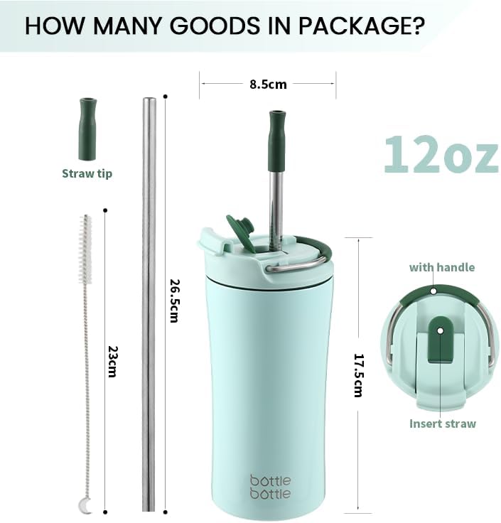 bottle bottle كوب قهوة معزول من BOTTLE BOTTLE مع غطاء مزدوج الاستخدام وقشة - 12 أونصة من الفولاذ المقاوم للصدأ (أخضر) - Image 3