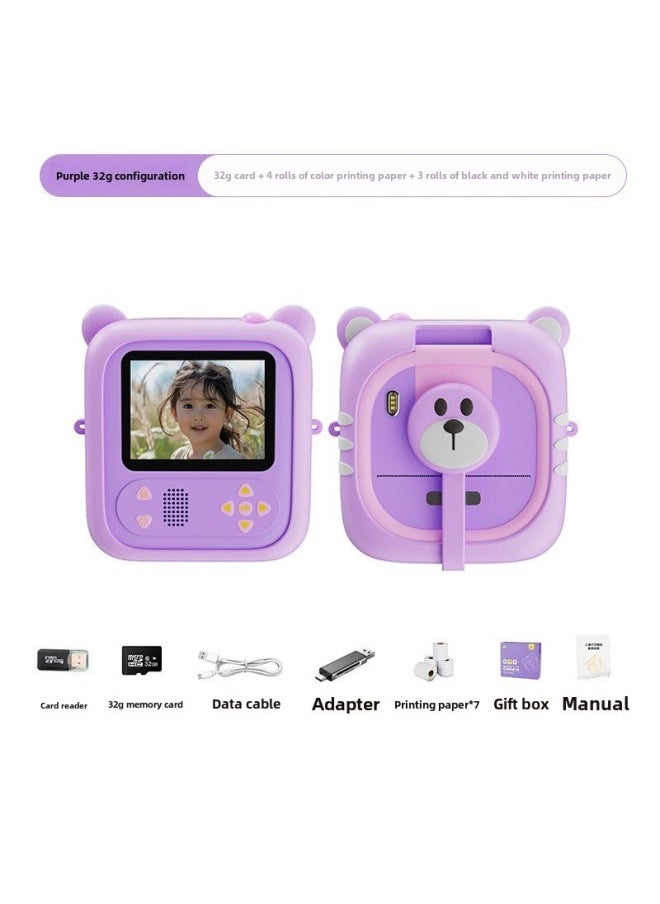 Generic - Digital Flip Lens Mini Print Camera Children's Cute Dumb Color Print HD Pixels-Color:Purple+32g - Image 1
