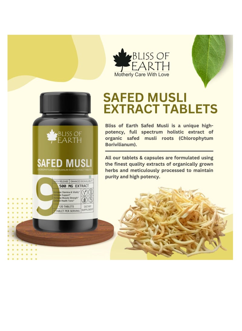 Bliss of Earth Safed Musli Tablets 60 Count 500mg  Extract Per Serving For Energy and Vitality
