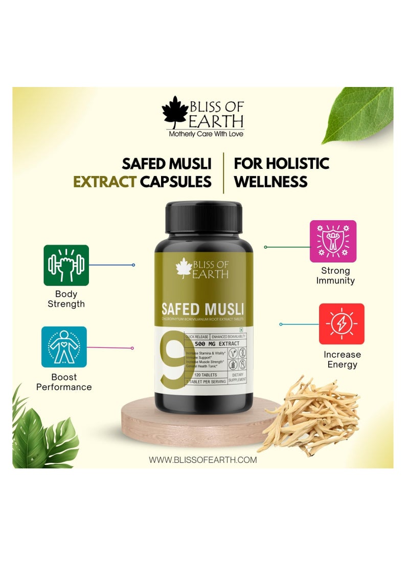 Bliss of Earth Safed Musli Tablets 60 Count 500mg  Extract Per Serving For Energy and Vitality