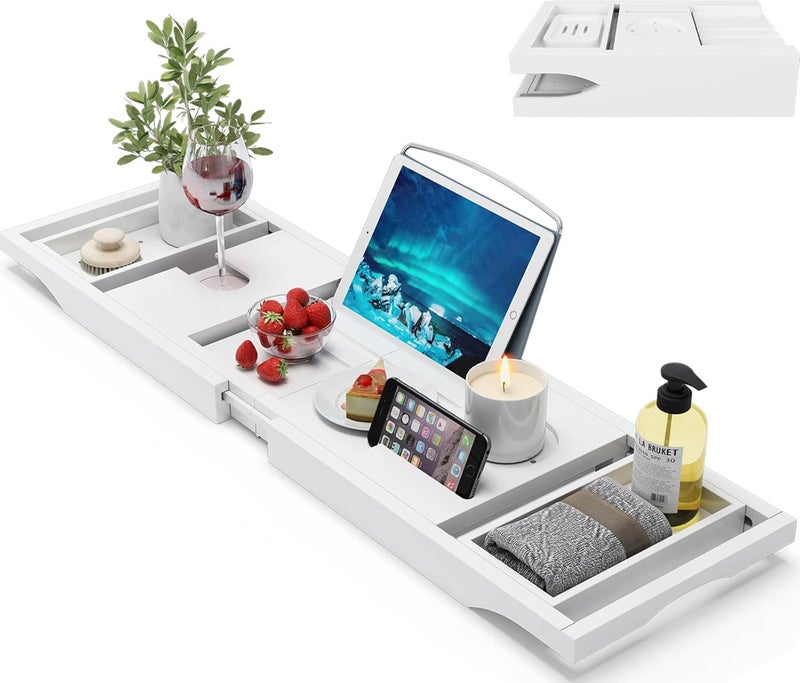 BAMBUROBA Foldable Bamboo Bathtub Caddy Tray Expandable for Luxury Bath, Bath Accessories & Table with Wine Glass Holder, Book Stand Bathroom Organizer with Extending Sides for Men/Women,White - Image 1