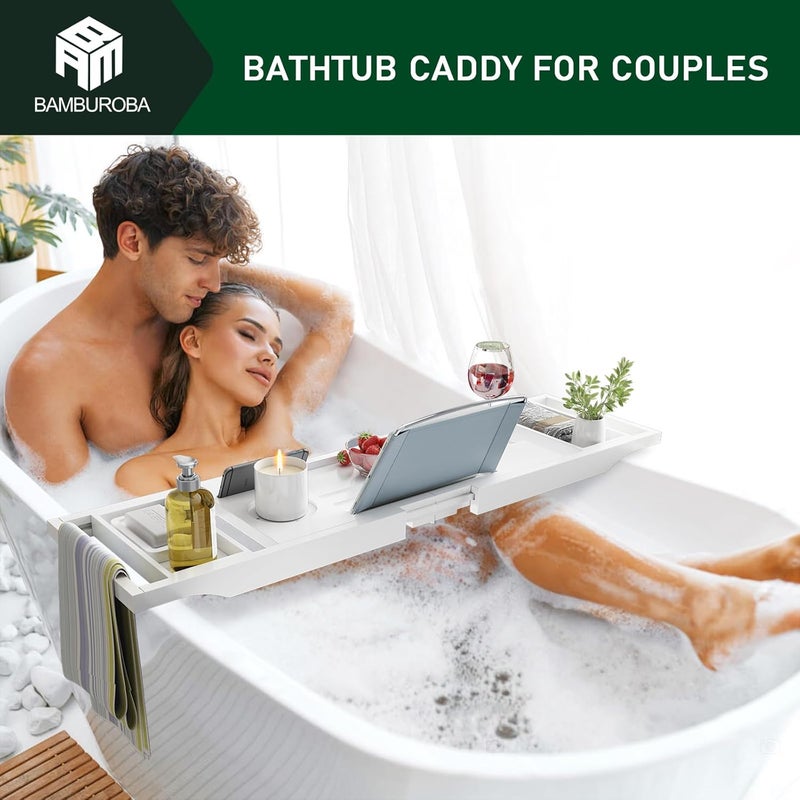 BAMBUROBA Foldable Bamboo Bathtub Caddy Tray Expandable for Luxury Bath, Bath Accessories & Table with Wine Glass Holder, Book Stand Bathroom Organizer with Extending Sides for Men/Women,White - Image 2