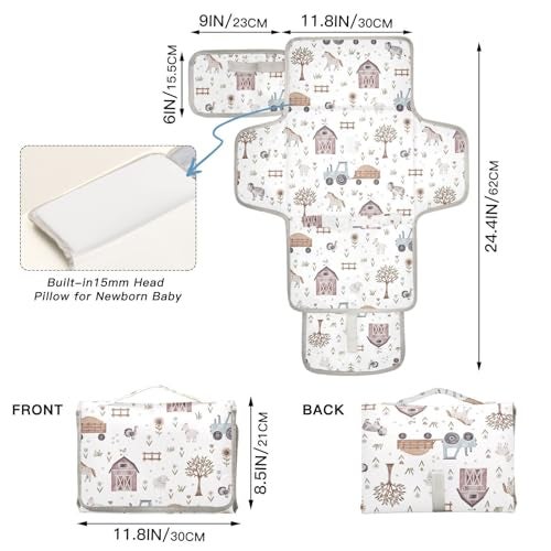 XIGUA Portable Changing Pad for Baby - Cute Farm Animals Waterproof Diaper Changing Mat Travel Changing Pad with Built-in Pillow - Shower Gift for Baby - Image 4
