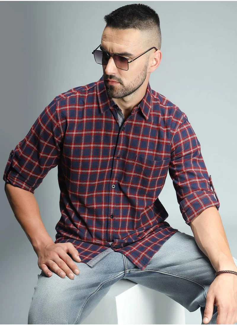 HIGH STAR Red Checked Shirt for Men with Spread Collar and Casual Curved Hem