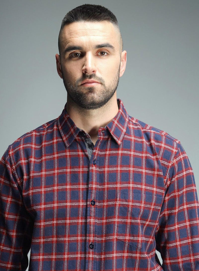 هاي ستار قميص كاروهات أحمر للرجال بياقة عريضة وحافة منحنية كاجوال - Image 5