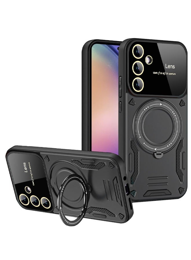 Samsung Galaxy A16 Case with Camera Lens Protector, Mixed Material Case Cover, Heavy Duty Rugged Shockproof Drop Proof Case with Round Ring Kickstand for Samsung Galaxy A16 5G/4G, Black - Image 1