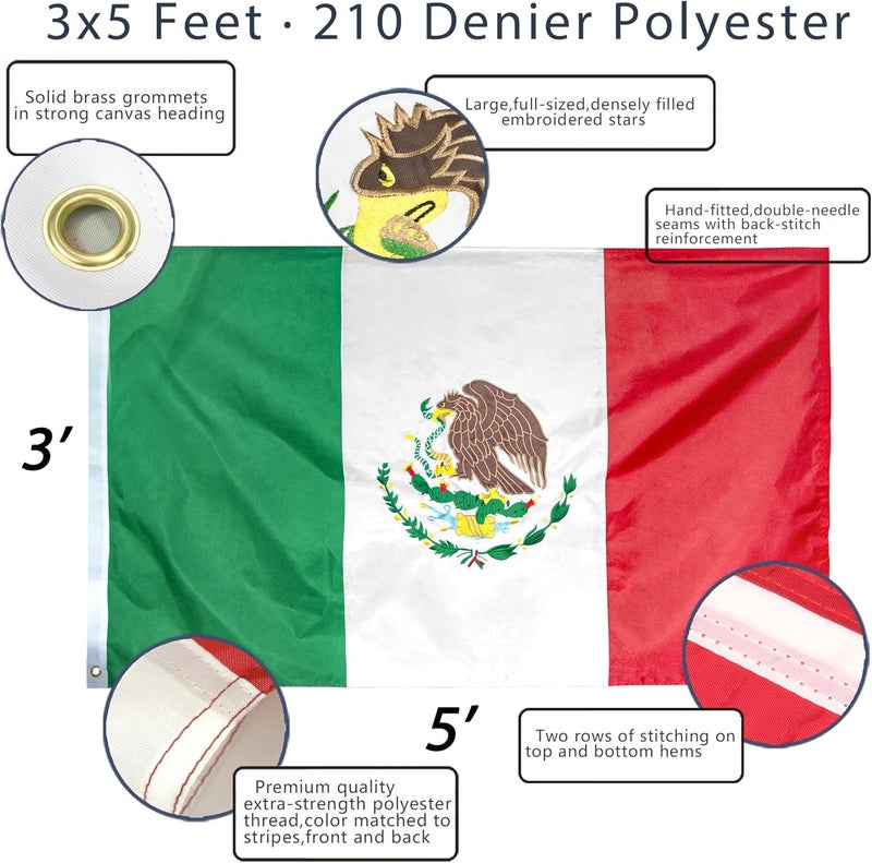 Anley EverStrong Series Embroidered Mexico Flag 3x5 Ft - Embroidery & Heavy Duty Canvas Header - 4 Rows of Lock Stitching - Mexican MX National Flag with Brass Grommets 3 X 5 Ft - Image 2