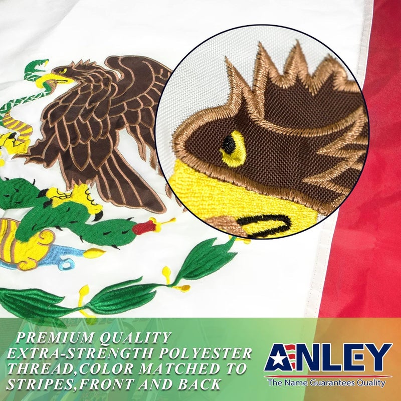 Anley EverStrong Series Embroidered Mexico Flag 3x5 Ft - Embroidery & Heavy Duty Canvas Header - 4 Rows of Lock Stitching - Mexican MX National Flag with Brass Grommets 3 X 5 Ft - Image 3