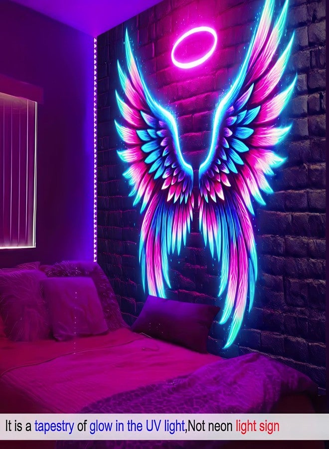 BlissYard Blacklight Angel Wings Tapestry UV Reactive Neon Wings Wall Hanging Tapestries Pink Angel Wings Tapestries for Girls Teens Glow in the Dark Tapestry for Party Carnival Backdrop 59 X 78 in - Image 2