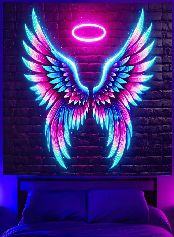BlissYard Blacklight Angel Wings Tapestry UV Reactive Neon Wings Wall Hanging Tapestries Pink Angel Wings Tapestries for Girls Teens Glow in the Dark Tapestry for Party Carnival Backdrop 59 X 78 in - Image 4