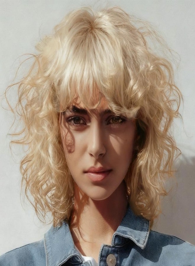 Tseses Women Short Blonde Curly Wig Bob Wig with Bangs Shoulder Length Naturel Hair Wigs Cosplay Daily Party Use(Blonde) - Image 1