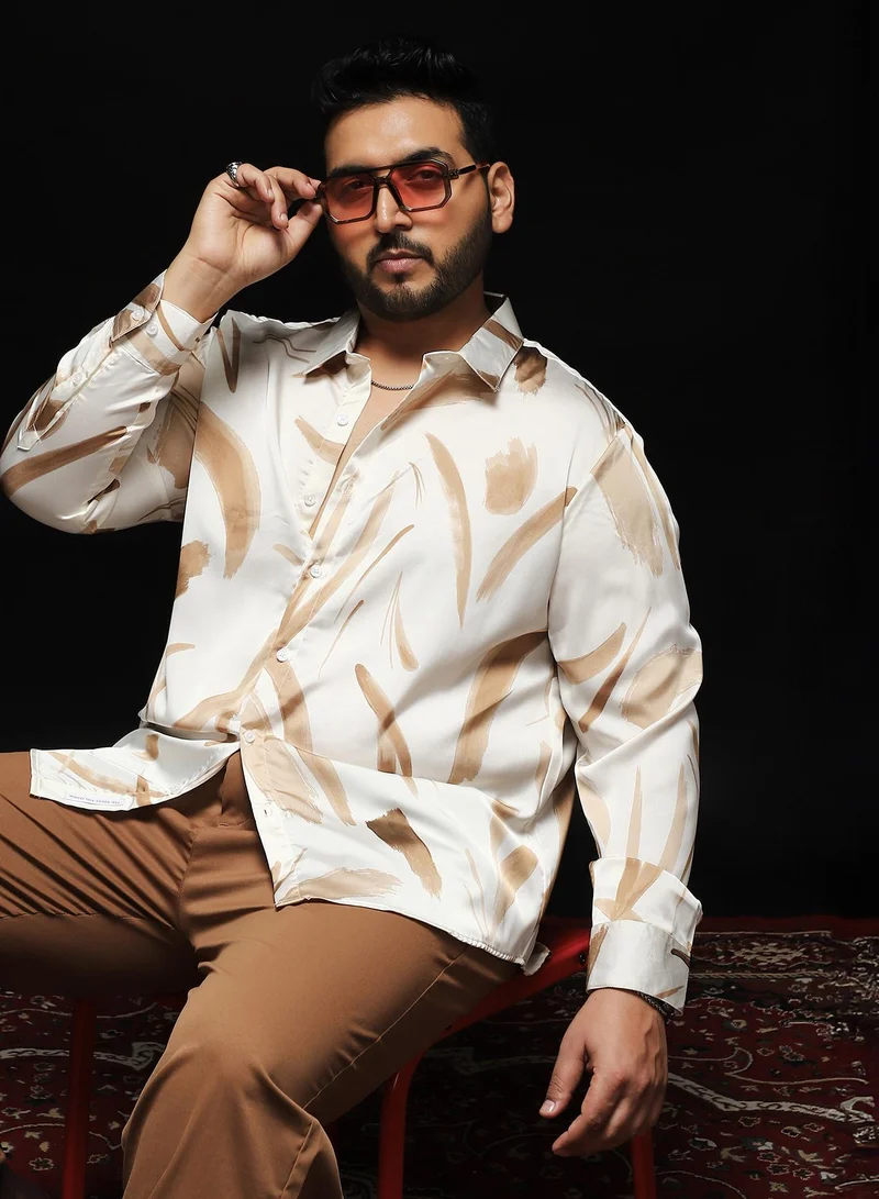 Instafab Plus Men's Chocolate Brown Contrast-Strokes Imprint Shirt | Spread Collar , Long Cuffed Sleeves , Button Closure , Curved Hemline | Abstract-Print Plain Polyester For Street & Casual Wear