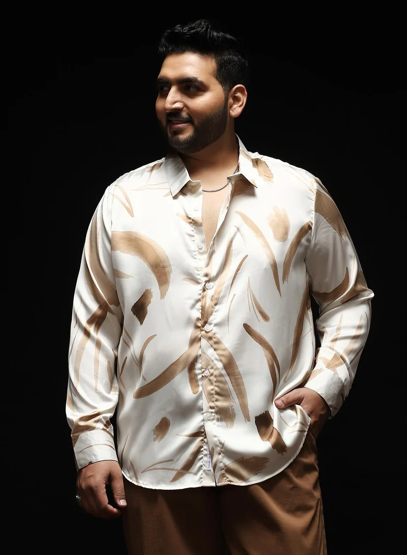 Instafab Plus Men's Chocolate Brown Contrast-Strokes Imprint Shirt | Spread Collar , Long Cuffed Sleeves , Button Closure , Curved Hemline | Abstract-Print Plain Polyester For Street & Casual Wear