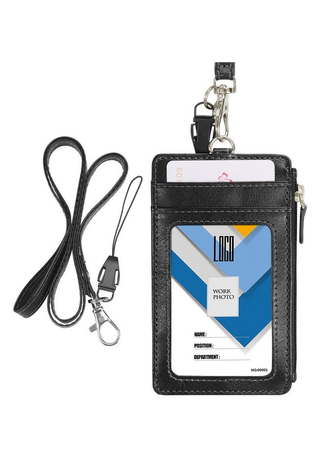 Wisdompro - Badge Holder With Zipper Wisdompro School Supply 2Sided Pu Leather College Id Badge Holder With 1 Id Window 4 Card Holder Slots 1 Side Pocket And 20 Inch Leather Neck Strap Lanyard Vertical Black - Image 1