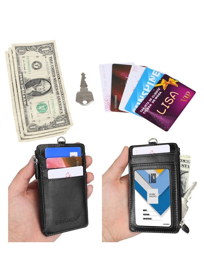 Wisdompro - Badge Holder With Zipper Wisdompro School Supply 2Sided Pu Leather College Id Badge Holder With 1 Id Window 4 Card Holder Slots 1 Side Pocket And 20 Inch Leather Neck Strap Lanyard Vertical Black - Image 1