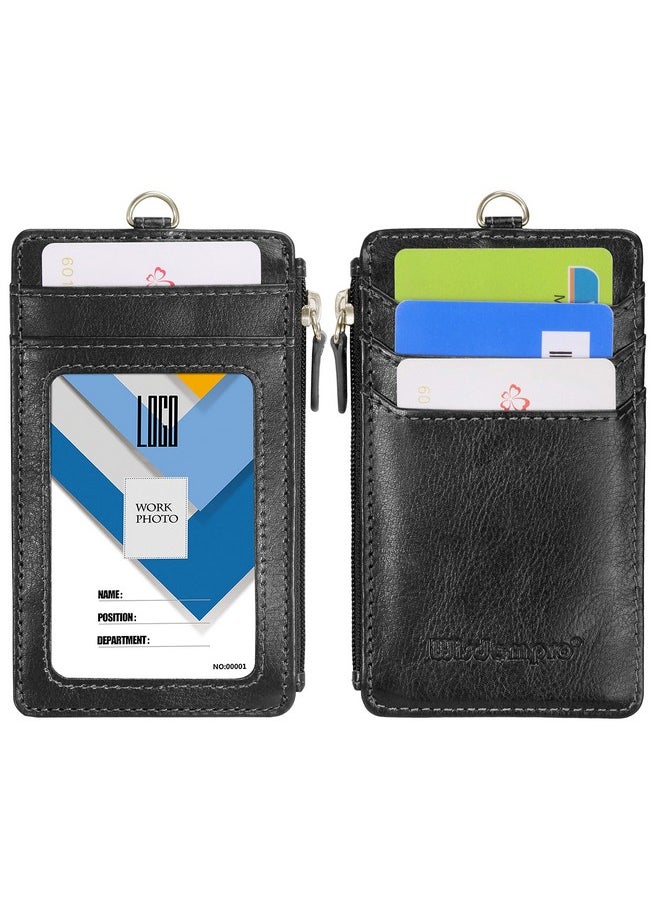 Wisdompro - Badge Holder With Zipper Wisdompro School Supply 2Sided Pu Leather College Id Badge Holder With 1 Id Window 4 Card Holder Slots 1 Side Pocket And 20 Inch Leather Neck Strap Lanyard Vertical Black - Image 1