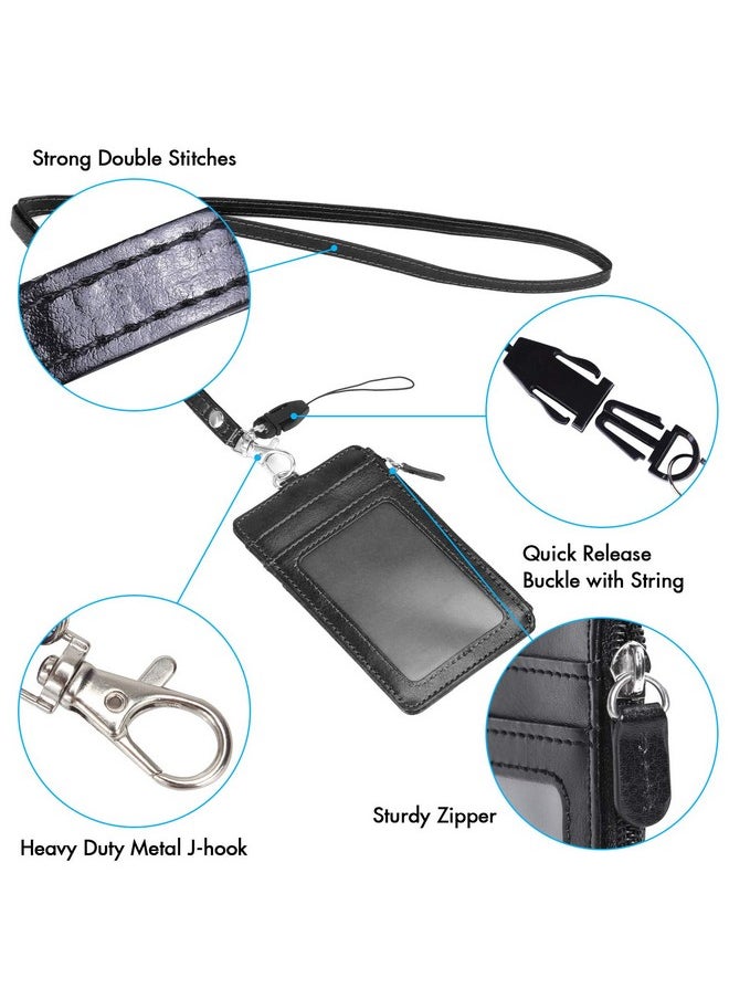 Wisdompro - Badge Holder With Zipper Wisdompro School Supply 2Sided Pu Leather College Id Badge Holder With 1 Id Window 4 Card Holder Slots 1 Side Pocket And 20 Inch Leather Neck Strap Lanyard Vertical Black - Image 1