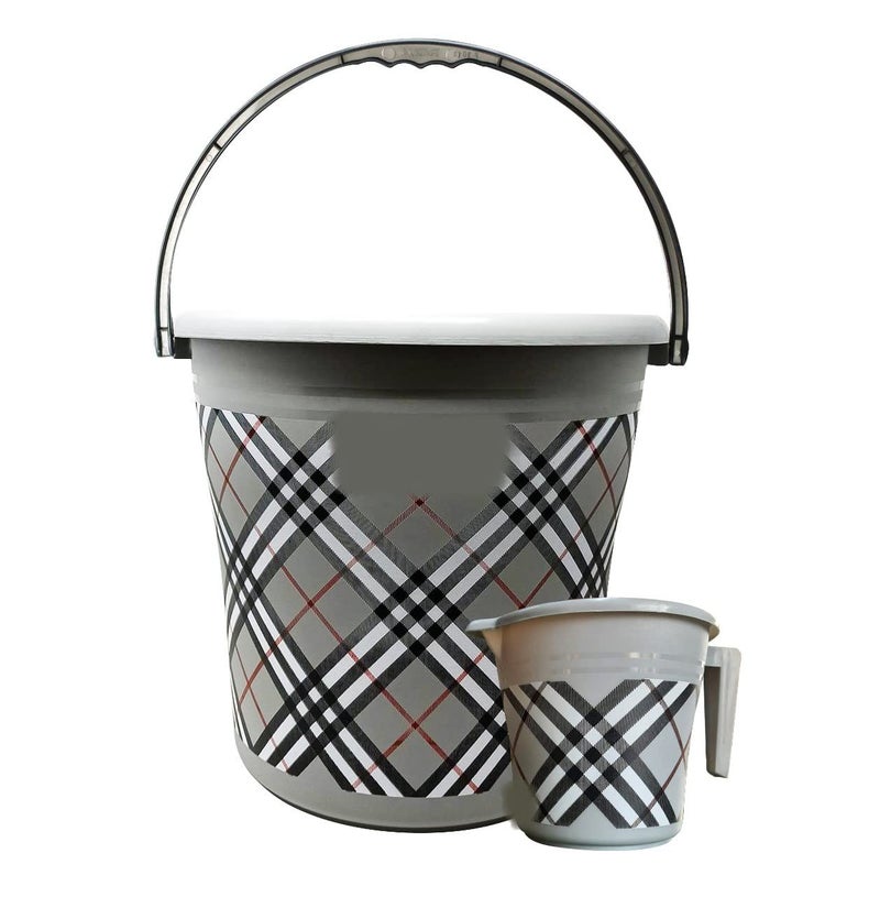 AIR O MATIC AIR O MATIC Plastic Bathroom Bucket With Mug Scottish Checks Print 15 LTR Set of 2 GREY 