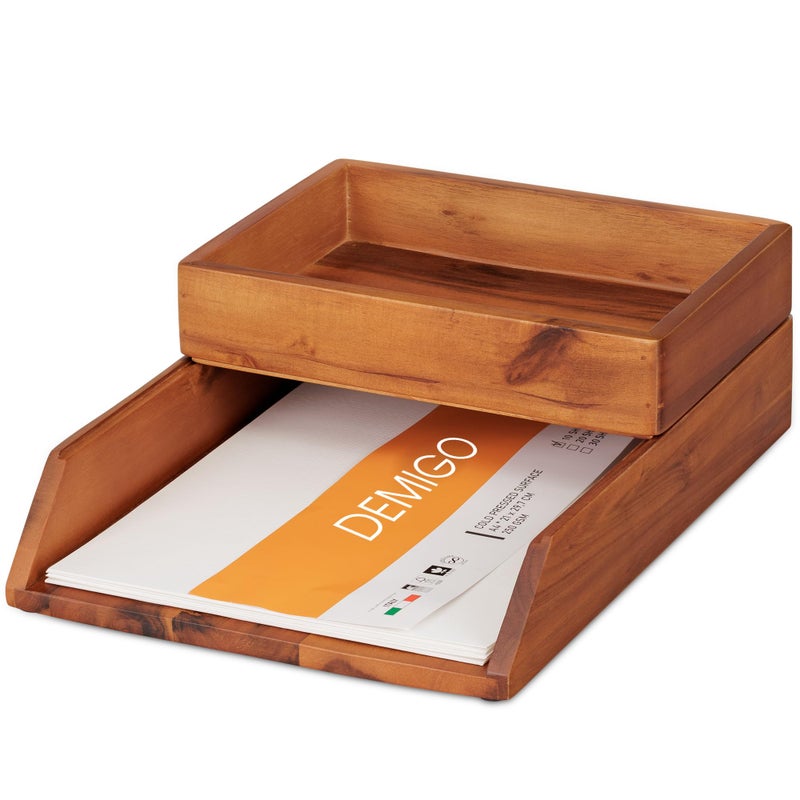 Demigo Desk Organizer Letter Tray Set of 2, Acacia Wood Tabletop Desktop for Storage Paper Letter Folders Notebooks Copy Print, Workspace Holder, Keep Stationery Saver (Brown) - Image 1