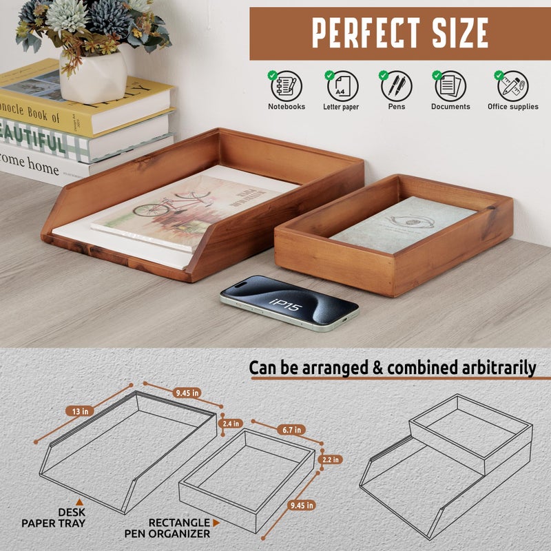 Demigo Desk Organizer Letter Tray Set of 2, Acacia Wood Tabletop Desktop for Storage Paper Letter Folders Notebooks Copy Print, Workspace Holder, Keep Stationery Saver (Brown) - Image 2