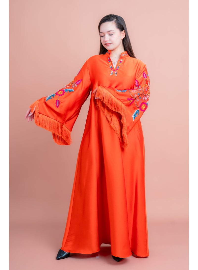 اكسا جلابية مطرزة بأكمام بتفاصيل لامعة أحمر - Image 1